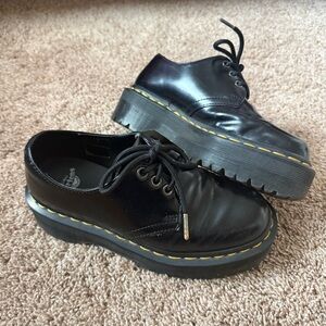 Dr. Martens Black Platform Lace-Up Shoes with Yellow Stitching